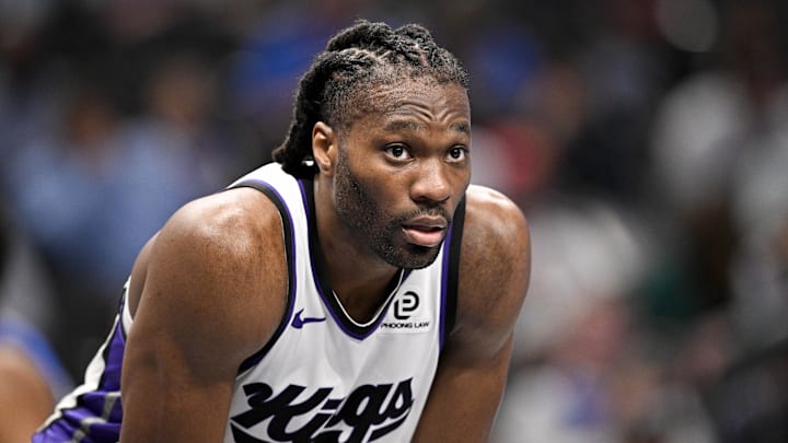 Feb 26, 2026; Dallas, Texas, USA; Sacramento Kings forward Precious Achiuwa (9) looks on during the second half against the Dallas Mavericks at the American Airlines Center. Mandatory Credit: Jerome Miron-Imagn Images