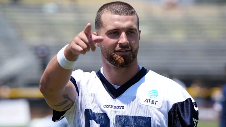Jul 22, 2025; Oxnard, CA, USA; Dallas Cowboys tight end Jake Ferguson (87) during training camp at the River Ridge Fields. Mandatory Credit: Kirby Lee-Imagn Images