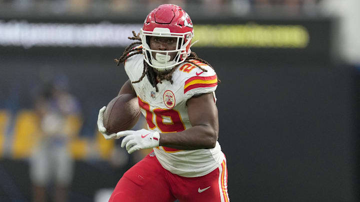 Sep 29, 2024; Inglewood, California, USA; Kansas City Chiefs running back Kareem Hunt (29) carries the ball against the Los Angeles Chargers in the second half at SoFi Stadium. Mandatory Credit: Kirby Lee-Imagn Images