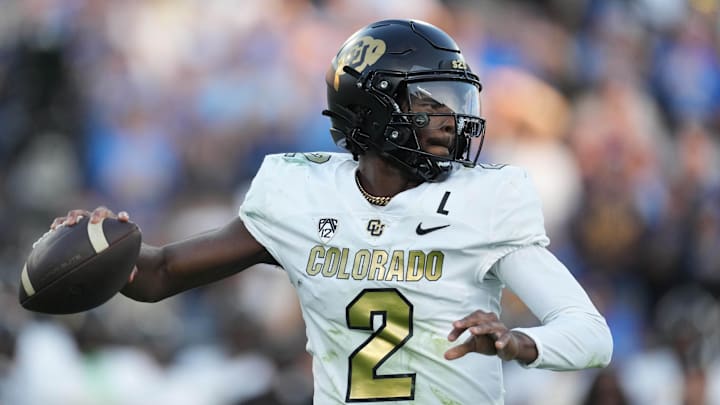 Oct 28, 2023; Pasadena, California, USA; Colorado Buffaloes quarterback Shedeur Sanders (2) throws the ball against the UCLA Bruins in the first half at Rose Bowl.  