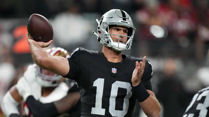 Aug 23, 2024; Paradise, Nevada, USA; Las Vegas Raiders quarterback Nathan Peterman (10) throws the ball against the San Francisco 49ers in the first half at Allegiant Stadium. 