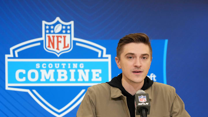 Feb 25, 2025; Indianapolis, IN, USA; Jacksonville Jaguars general manger James Gladstone speaks during the NFL Scouting Combine at the Indiana Convention Center. Mandatory Credit: Kirby Lee-Imagn Images Feb 25, 2025; Indianapolis, IN, USA; Jacksonville Jaguars general manger James Gladstone speaks during the NFL Scouting Combine at the Indiana Convention Center. Mandatory Credit: Kirby Lee-Imagn Images