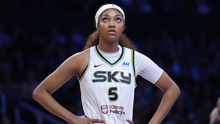 May 25, 2025; Los Angeles, California, USA; Chicago Sky forward Angel Reese (5) reacts in the first half against the LA Sparks at Crypto.com Arena. Mandatory Credit: Kirby Lee-Imagn Images