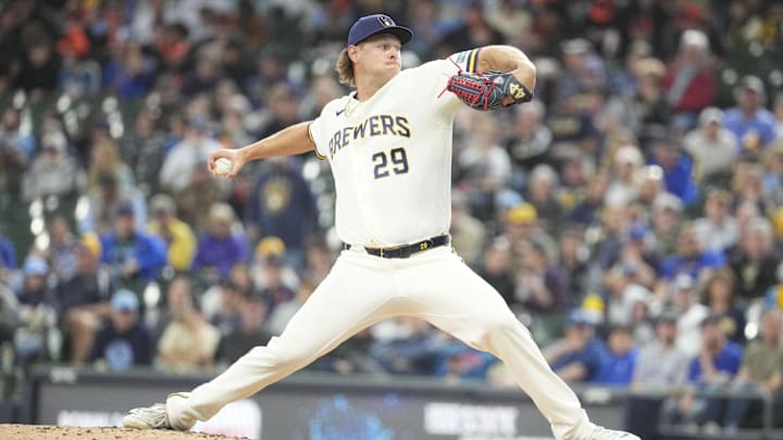 Apr 16, 2026; Milwaukee, Wisconsin, USA; Milwaukee Brewers relief pitcher Trevor Megill (29) delivers a pitch against the Toronto Blue Jays in the eighth inning at American Family Field. Mandatory Credit: Michael McLoone-Imagn Images