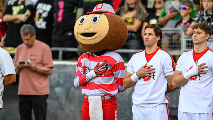 Oct 12, 2024; Eugene, Oregon, USA; Ohio State Buckeyes mascot Brutus stands for the national anthem before the game against the Oregon Ducks at Autzen Stadium. Mandatory Credit: Craig Strobeck-Imagn Images Oct 12, 2024; Eugene, Oregon, USA; Ohio State Buckeyes mascot Brutus stands for the national anthem before the game against the Oregon Ducks at Autzen Stadium. Mandatory Credit: Craig Strobeck-Imagn Images