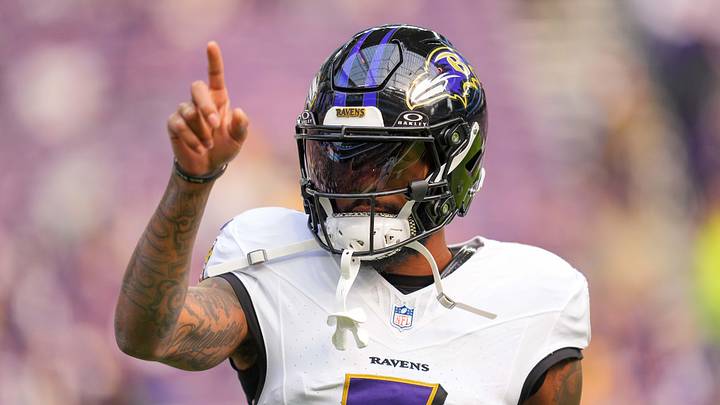 Nov 9, 2025; Minneapolis, Minnesota, USA; Baltimore Ravens wide receiver Rashod Bateman (7) before the game against the Minnesota Vikings at U.S. Bank Stadium. Mandatory Credit: Brad Rempel-Imagn Images