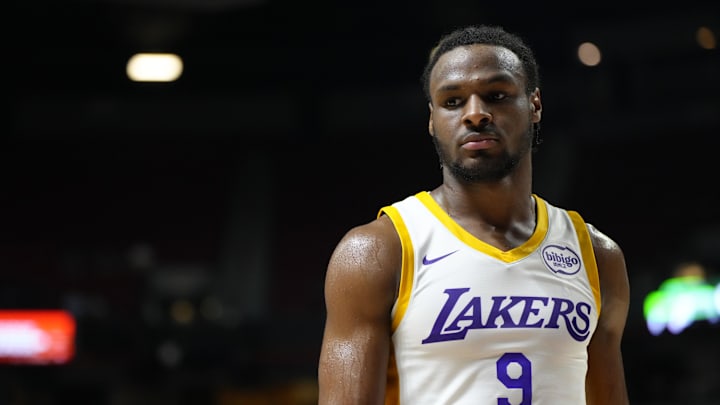Los Angeles Lakers guard Bronny James (9) competes against the Boston Celtics during the NBA Summer League