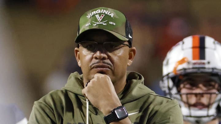 Nov 8, 2025; Charlottesville, Virginia, USA; Virginia Cavaliers head coach Tony Elliott watches players prior to their game against the Wake Forest Demon Deacons at Scott Stadium. Mandatory Credit: Amber Searls-Imagn Images