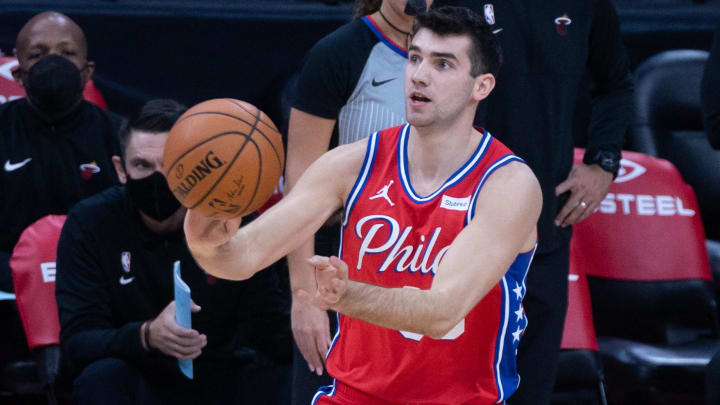 Jan 14, 2021; Philadelphia, Pennsylvania, USA;  Philadelphia 76ers shooting guard Dakota Mathias (33) passes the ball during the second half against the Miami Heat at Wells Fargo Center. Mandatory Credit: Gregory Fisher-USA TODAY Sports