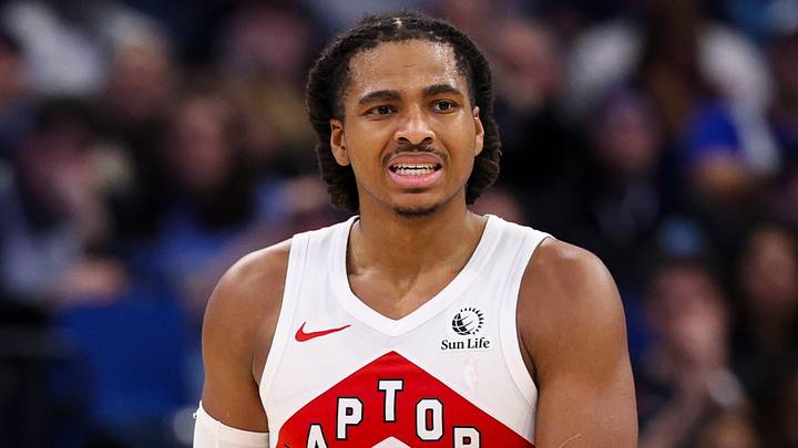 Jan 30, 2026; Orlando, Florida, USA; Toronto Raptors forward Collin Murray-Boyles (12) looks on against the Orlando Magic in the first quarter at Kia Center. Mandatory Credit: Nathan Ray Seebeck-Imagn Images