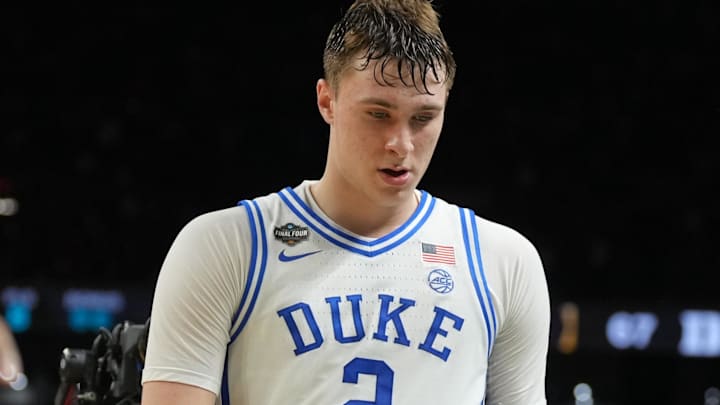Apr 5, 2025; San Antonio, TX, USA; Duke Blue Devils forward Cooper Flagg (2) walks off the court after losing to the Houston Cougars in the semifinals of the men's Final Four of the 2025 NCAA Tournament at the Alamodome. Mandatory Credit: Robert Deutsch-Imagn Images Apr 5, 2025; San Antonio, TX, USA; Duke Blue Devils forward Cooper Flagg (2) walks off the court after losing to the Houston Cougars in the semifinals of the men's Final Four of the 2025 NCAA Tournament at the Alamodome. Mandatory Credit: Robert Deutsch-Imagn Images