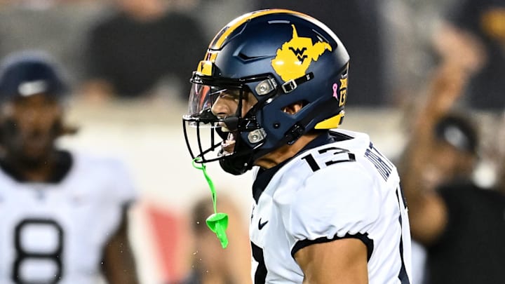 Oct 12, 2023; Houston, Texas, USA; West Virginia Mountaineers wide receiver EJ Horton (13) reacts Oct 12, 2023; Houston, Texas, USA; West Virginia Mountaineers wide receiver EJ Horton (13) reacts