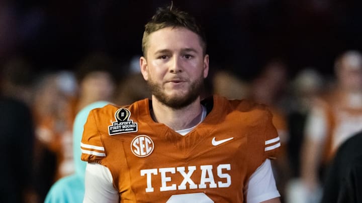 Dec 21, 2024; Austin, Texas, USA; Texas Longhorns quarterback Quinn Ewers (3) against the Clemson Tigers during the CFP National playoff first round at Darrell K Royal-Texas Memorial Stadium. Mandatory Credit: Mark J. Rebilas-Imagn Images