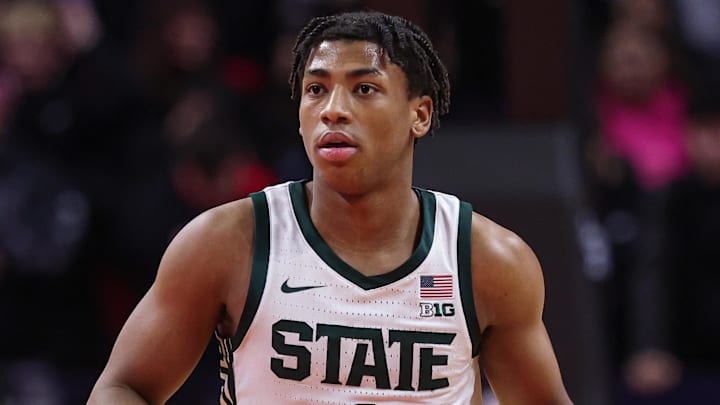 Jan 27, 2026; Piscataway, New Jersey, USA; Michigan State Spartans guard Jeremy Fears Jr. (1) dribbles up court against the Rutgers Scarlet Knights during the first half at Jersey Mike's Arena. Mandatory Credit: Vincent Carchietta-Imagn Images