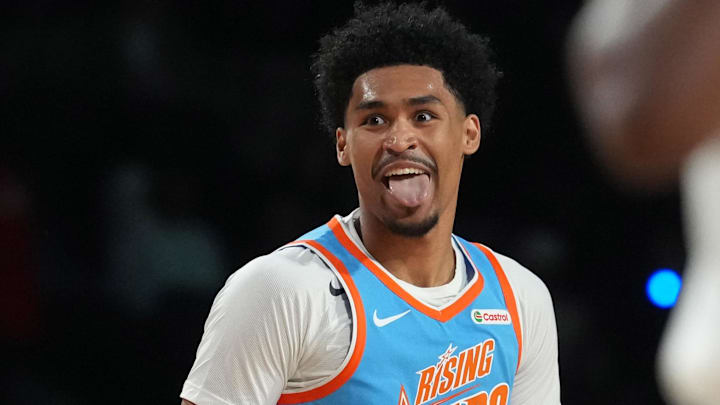 Feb 13, 2026; Inglewood, California, USA; Team Melo guard Dylan Harper (2) of the San Antonio Spurs reacts during an NBA All Star Rising Stars game at Intuit Dome. Mandatory Credit: Kirby Lee-Imagn Images Feb 13, 2026; Inglewood, California, USA; Team Melo guard Dylan Harper (2) of the San Antonio Spurs reacts during an NBA All Star Rising Stars game at Intuit Dome. Mandatory Credit: Kirby Lee-Imagn Images