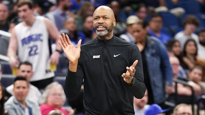 Orlando Magic head coach Jamahl Mosley directs his team against the Atlanta Hawks in the first quarter at Kia Center.
