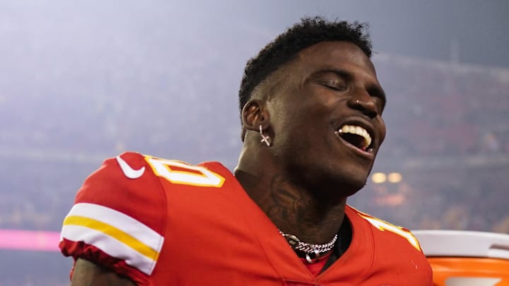 Jan 23, 2022; Kansas City, Missouri, USA; Kansas City Chiefs wide receiver Tyreek Hill (10) walks off the field following the win against the Buffalo Bills in overtime in the AFC Divisional playoff football game at GEHA Field at Arrowhead Stadium. Mandatory Credit: Jay Biggerstaff-Imagn Images Jan 23, 2022; Kansas City, Missouri, USA; Kansas City Chiefs wide receiver Tyreek Hill (10) walks off the field following the win against the Buffalo Bills in overtime in the AFC Divisional playoff football game at GEHA Field at Arrowhead Stadium. Mandatory Credit: Jay Biggerstaff-Imagn Images