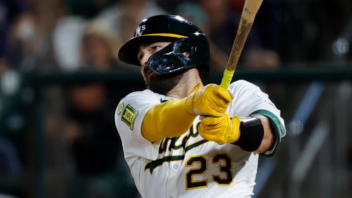 Sep 9, 2025; West Sacramento, California, USA; Athletics catcher Shea Langeliers (23) hits a single during the third inning against the Boston Red Sox at Sutter Health Park. Mandatory Credit: Sergio Estrada-Imagn Images Sep 9, 2025; West Sacramento, California, USA; Athletics catcher Shea Langeliers (23) hits a single during the third inning against the Boston Red Sox at Sutter Health Park. Mandatory Credit: Sergio Estrada-Imagn Images