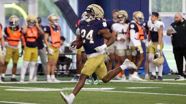 Notre Dame running back Jadarian Price breaks away into open space during a kickoff return drill in practice Saturday, April 5, 2025, at the Irish Athletics Center in South Bend.