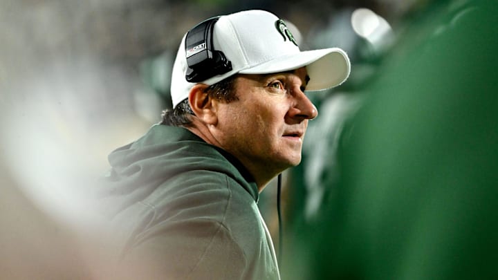 Michigan State's head coach Jonathan Smith looks on during the fourth quarter in the game against Iowa on Saturday, Oct. 19, 2024, at Spartan Stadium in East Lansing.