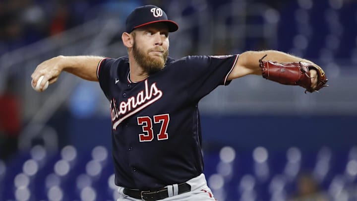Jun 9, 2022; Miami, Florida, USA; Washington Nationals starting pitcher Stephen Strasburg (37) delivers a pitch during the first inning against the Miami Marlins at loanDepot Park. Jun 9, 2022; Miami, Florida, USA; Washington Nationals starting pitcher Stephen Strasburg (37) delivers a pitch during the first inning against the Miami Marlins at loanDepot Park.