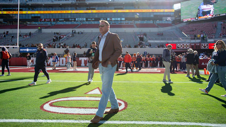 Auburn Tigers head coach Hugh Freeze takes the field as his team arrives as Auburn Tigers take on Alabama Crimson Tide at Bryant-Denny Stadium in Tuscaloosa, Ala., on Saturday, Nov. 30, 2024.