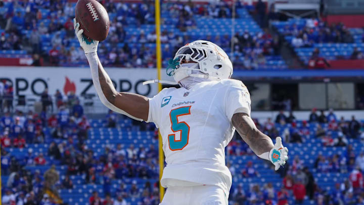 Miami Dolphins cornerback Jalen Ramsey (5) warms up prior to the game at Highmark Stadium in 2024. Miami Dolphins cornerback Jalen Ramsey (5) warms up prior to the game at Highmark Stadium in 2024.