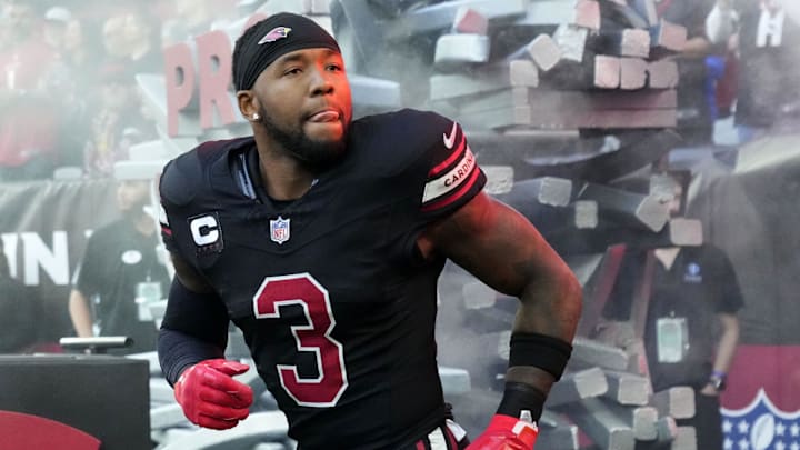 Arizona Cardinals safety Budda Baker (3) during player introductions before facing the Los Angeles Rams at State Farm Stadium in Glendale on Nov. 26, 2023.