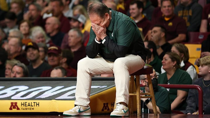 Feb 6, 2024; Minneapolis, Minnesota, USA; Michigan State Spartans head coach Tom Izzo reacts during