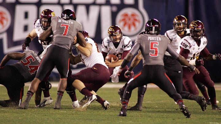 Arizona State Sun Devils quarterback rushing room against the Texas Tech Red Raiders . Mandatory Credit: Michael C. Johnson-Imagn Images Arizona State Sun Devils quarterback rushing room against the Texas Tech Red Raiders . Mandatory Credit: Michael C. Johnson-Imagn Images