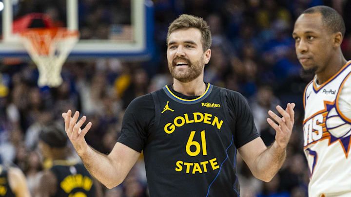 Dec 20, 2025; San Francisco, California, USA; Golden State Warriors guard Pat Spencer (61) reacts during the third quarter against the Phoenix Suns at Chase Center. Mandatory Credit: John Hefti-Imagn Images