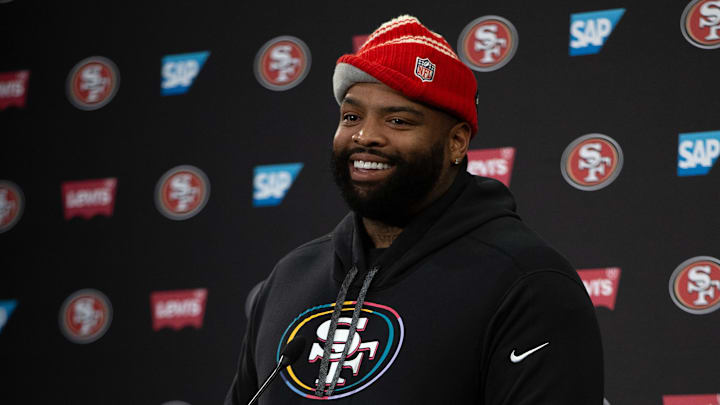 Jun 10, 2025; Santa Clara, CA, USA; San Francisco 49ers offensive tackle Trent Williams speaks to the media following an OTA at Levi's Stadium. Mandatory Credit: D. Ross Cameron-Imagn Images