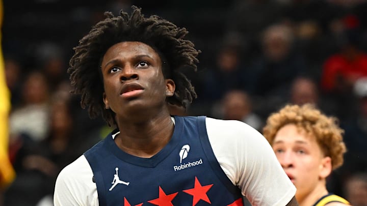 Feb 19, 2026; Washington, District of Columbia, USA; Washington Wizards guard Kadary Richmond (19) looks on against the Indiana Pacers during the first half at Capital One Arena. Mandatory Credit: Brad Mills-Imagn Images