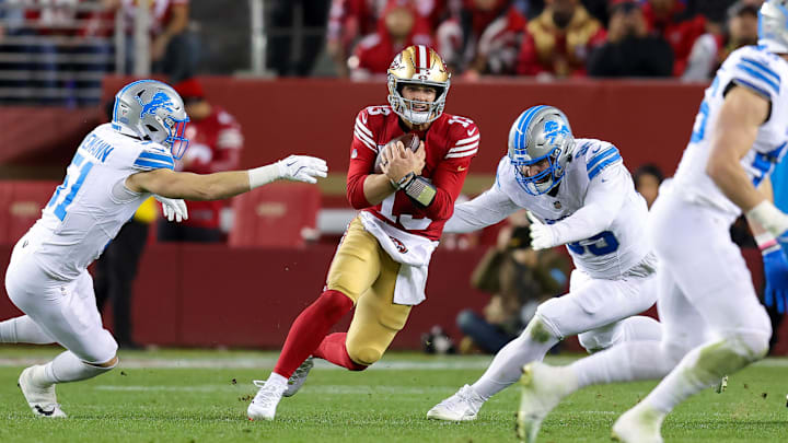 Dec 30, 2024; Santa Clara, California, USA; San Francisco 49ers quarterback Brock Purdy (13) during the game against the Detroit Lions at Levi's Stadium. Mandatory Credit: Sergio Estrada-Imagn Images