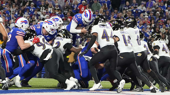 Sep 7, 2025; Orchard Park, New York, USA; Buffalo Bills quarterback Josh Allen (17) scores a touchdown during the fourth quarter against the Baltimore Ravens Sep 7, 2025; Orchard Park, New York, USA; Buffalo Bills quarterback Josh Allen (17) scores a touchdown during the fourth quarter against the Baltimore Ravens