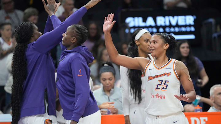 Phoenix Mercury forward Alyssa Thomas (25) celebrates their 82-66 win against the Connecticut Sun in Phoenix, at PHX Arena on Aug 5, 2025.