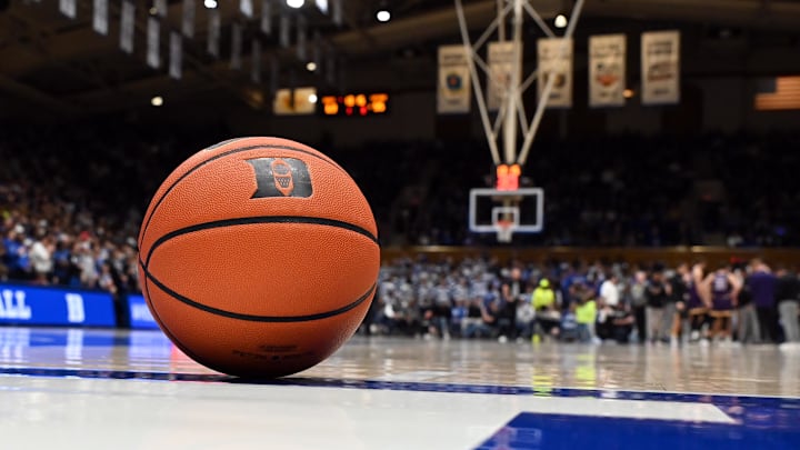 Dec 16, 2025; Durham, North Carolina, USA;  A general view of the game ball during a break in the second half between the Duke Blue Devils and Lipscomb Bisons at Cameron Indoor Stadium. The Blue Devils won 97-73.  Mandatory Credit: Rob Kinnan-Imagn Images