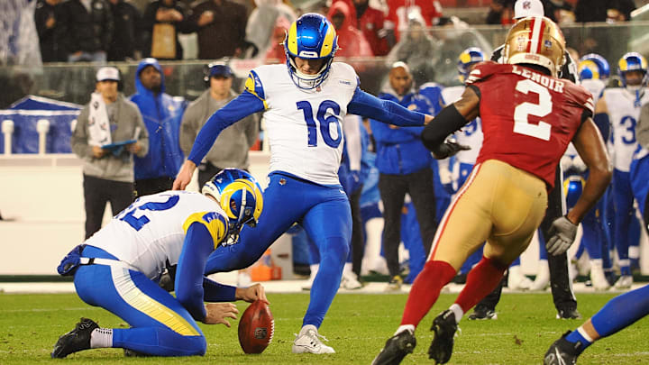 Dec 12, 2024; Santa Clara, California, USA; Los Angeles Rams kicker Joshua Karty (16) scores a field goal against the San Francisco 49ers during the second quarter at Levi's Stadium. Mandatory Credit: Kelley L Cox-Imagn Images