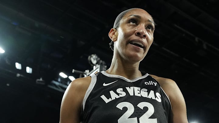 Sep 14, 2025; Las Vegas, Nevada, USA; Las Vegas Aces center A'ja Wilson (22) reacts to being fouled by the Seattle Storm in the first quarter during game one of round one for the 2025 WNBA Playoffs at Michelob Ultra Arena. Mandatory Credit: Candice Ward-Imagn Images Sep 14, 2025; Las Vegas, Nevada, USA; Las Vegas Aces center A'ja Wilson (22) reacts to being fouled by the Seattle Storm in the first quarter during game one of round one for the 2025 WNBA Playoffs at Michelob Ultra Arena. Mandatory Credit: Candice Ward-Imagn Images
