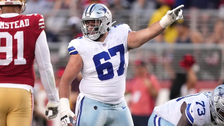 Oct 8, 2023; Santa Clara, California, USA; Dallas Cowboys center Brock Hoffman (67) gestures during the second quarter against the San Francisco 49ers at Levi's Stadium. Mandatory Credit: Darren Yamashita-USA TODAY Sports Oct 8, 2023; Santa Clara, California, USA; Dallas Cowboys center Brock Hoffman (67) gestures during the second quarter against the San Francisco 49ers at Levi's Stadium. Mandatory Credit: Darren Yamashita-USA TODAY Sports
