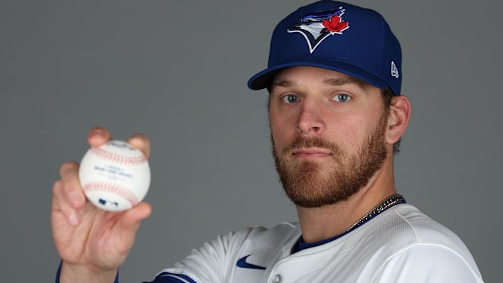 Feb 21, 2025; Dunedin, FL, USA; Toronto Blue Jays pitcher Nick Robertson (33) participates in media day at the Blue Jays Player Development Complex. Mandatory Credit: Nathan Ray Seebeck-Imagn Images