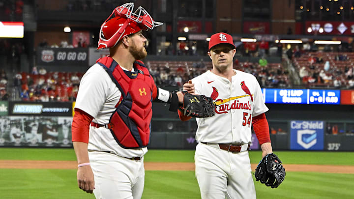 Apr 14, 2025; St. Louis, Missouri, USA;  St. Louis Cardinals starting pitcher Sonny Gray (54) celebrates with catcher Pedro Pages (43) after the sixth inning against the Houston Astros at Busch Stadium. Mandatory Credit: Jeff Curry-Imagn Images