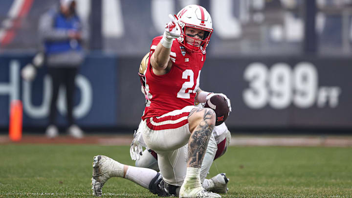 Dec 28, 2024; Bronx, NY, USA; Nebraska Cornhuskers tight end Thomas Fidone II (24) celebrates after a first down during the first half against the Boston College Eagles at Yankee Stadium.  