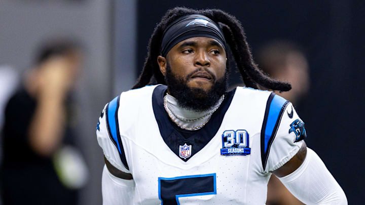 Sep 8, 2024; New Orleans, Louisiana, USA; Carolina Panthers wide receiver Diontae Johnson (5) against the New Orleans Saints during the pregame at Caesars Superdome. Mandatory Credit: Stephen Lew-Imagn Images Sep 8, 2024; New Orleans, Louisiana, USA; Carolina Panthers wide receiver Diontae Johnson (5) against the New Orleans Saints during the pregame at Caesars Superdome. Mandatory Credit: Stephen Lew-Imagn Images