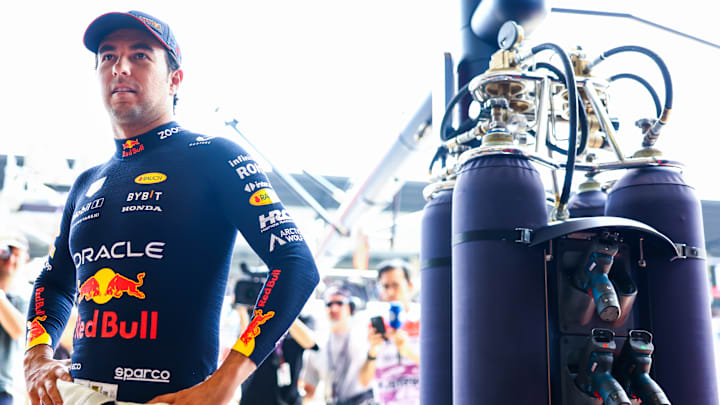 Sergio Perez of Mexico and Oracle Red Bull Racing prepares to drive in the garage during practice ahead of the F1 Grand Prix of Austria at Red Bull Ring on June 30, 2023 in Spielberg, Austria. (Photo by Mark Thompson/Getty Images)
