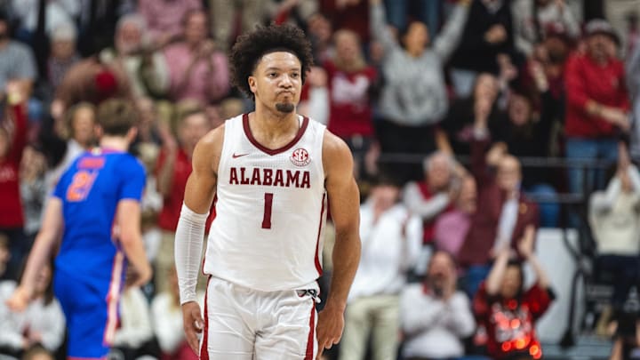 Mar 5, 2025; Tuscaloosa, Alabama, USA; Alabama Crimson Tide guard Mark Sears (1) reacts after shooting a three-point basket against the Florida Gators during the first half at Coleman Coliseum. Mandatory Credit: Will McLelland-Imagn Images Mar 5, 2025; Tuscaloosa, Alabama, USA; Alabama Crimson Tide guard Mark Sears (1) reacts after shooting a three-point basket against the Florida Gators during the first half at Coleman Coliseum. Mandatory Credit: Will McLelland-Imagn Images