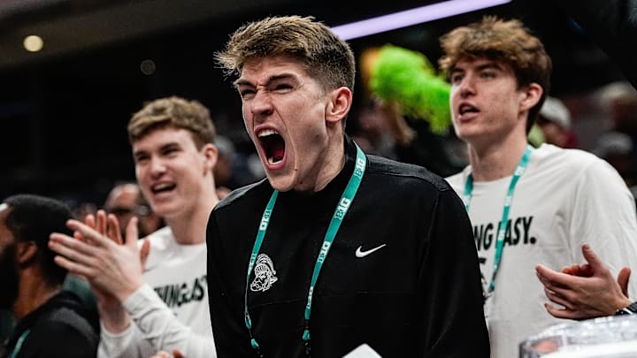 Michigan State fans cheer for a play against Oregon during the first half of Big Ten Tournament quarterfinal at Gainbridge Fieldhouse in Indianapolis, Ind. on Friday, March 14, 2025.
