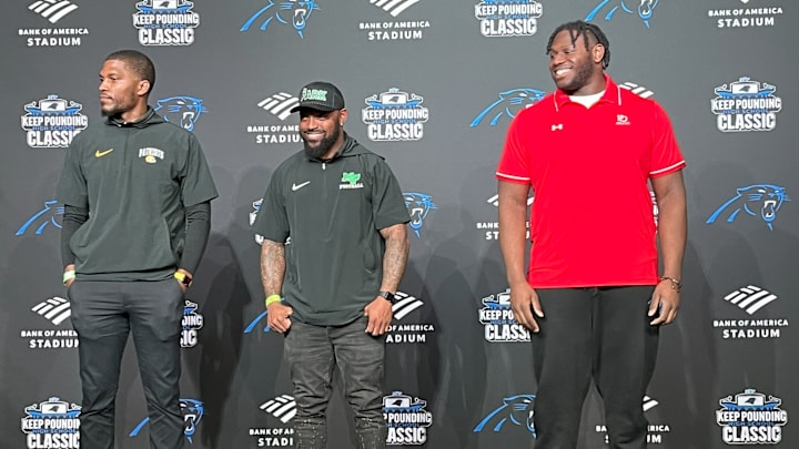 Independence coach DJ McFadden (left) Myers Park coach Chris James (center) and Carolina Panthers tackle and former Providence Day standout Ikem Ekwonu represent their football programs during the Feb. 13, 2024, press conference announcing the matchups for last year’s 2004 Keep Pounding Classic. Nominations are now being sought for the 2025 event.