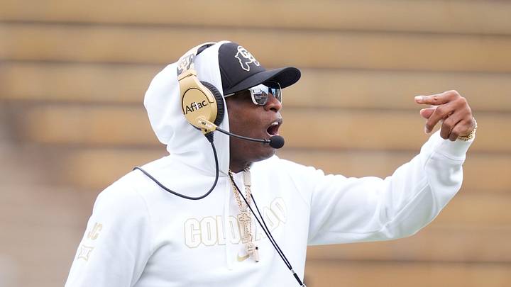 Apr 11, 2026; Boulder, CO, USA; Colorado Buffaloes head coach Deion Sanders during the spring game at Folsom Field. Mandatory Credit: Ron Chenoy-Imagn Images