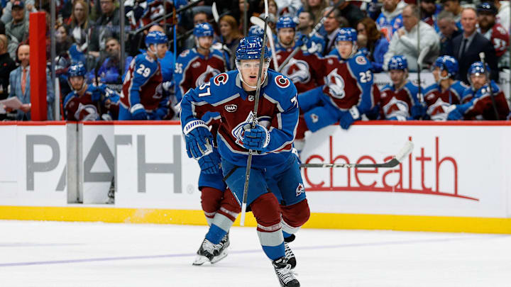 Oct 27, 2024; Denver, Colorado, USA; Colorado Avalanche center Casey Mittelstadt (37) in the first period against the Ottawa Senators at Ball Arena. Mandatory Credit: Isaiah J. Downing-Imagn Images